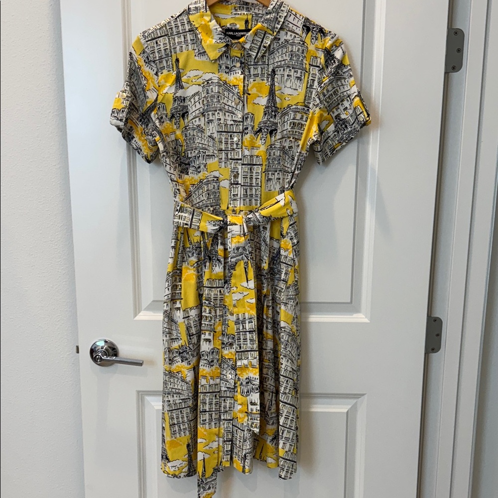 Karl Lagerfeld Yellow, White and Black Paris Shirt-Dress WITH POCKETS!